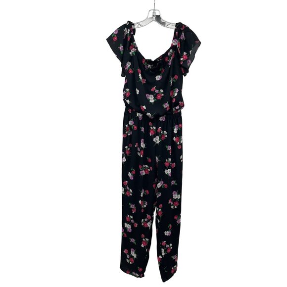 Express Womens Floral Jumpsuit Short Sleeve Black/Multi Size Small - Picture 1 of 8